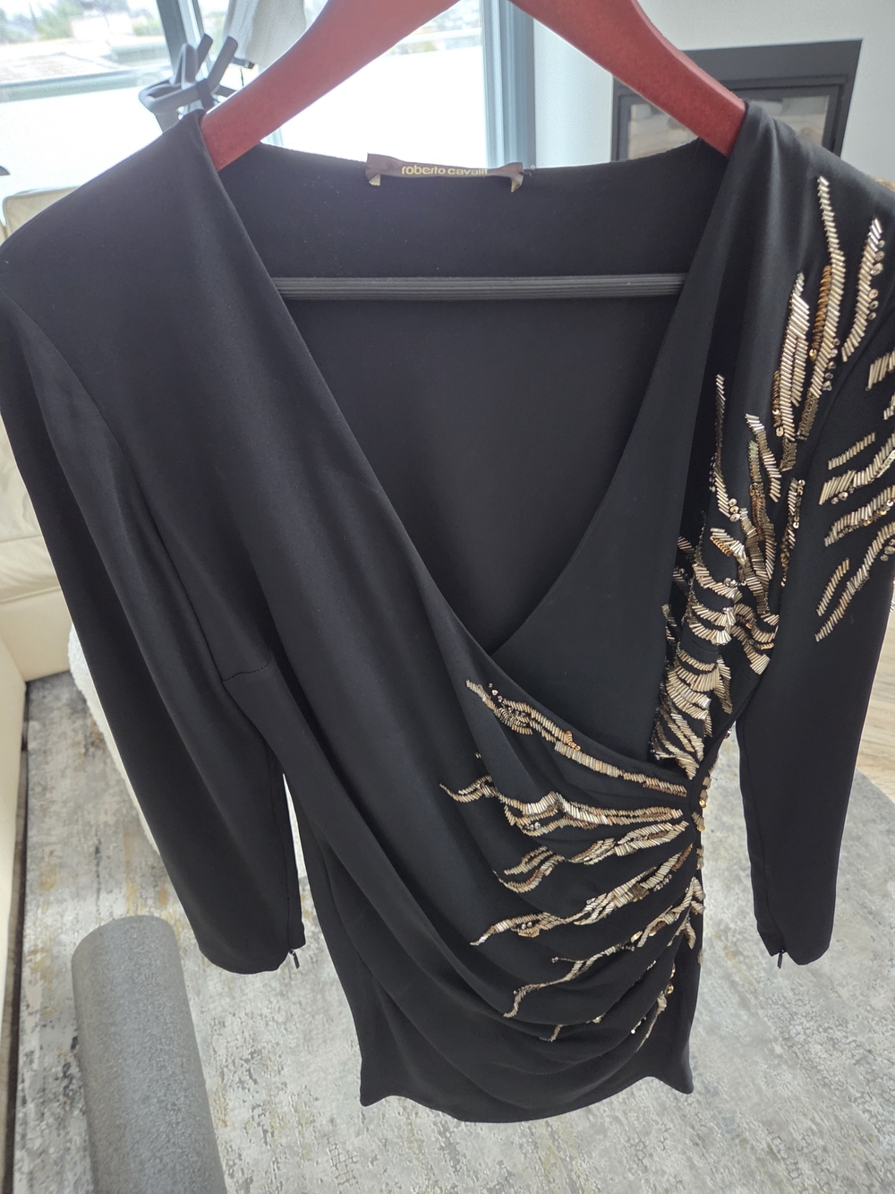 Roberto Cavalli Black Long-Sleeve Draped Dress with Gold Sequin Feather Detail